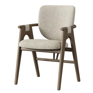 A modern armchair featuring a solid wood frame with a curved, integrated armrest design. The seat and backrest are upholstered in a light beige, textured fabric, offering a minimalist yet comfortable aesthetic. The chair incorporates a spindle-style back support within its wooden frame. — 3D model