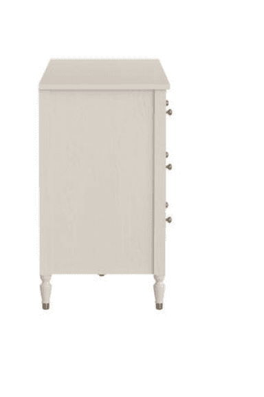 A six-drawer dresser with a light, off-white finish. The dresser features a scalloped apron along the bottom and stands on four decorative legs. Each drawer has a small, round, brass-colored knob. — 3D model