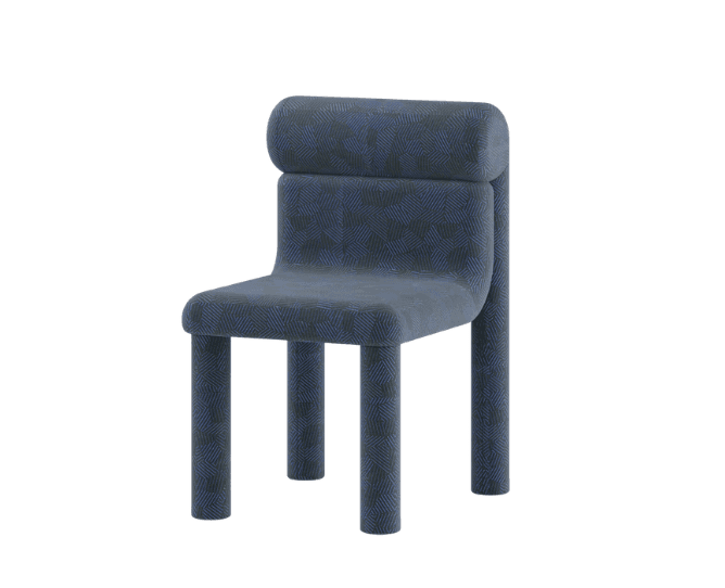 A modern upholstered chair with a distinctive silhouette. It features a rounded backrest that extends to form the rear legs, and two cylindrical front legs. The upholstery is a dark blue fabric with a repeating abstract geometric pattern in a lighter blue. The overall design is minimalist yet statement-making. — 3D model