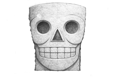 A stool designed to resemble a stylized skull. The object features a blocky, cuboid form with carved facial features of a skull, including large circular eye sockets with dark interiors, a triangular nose cavity, and a prominent row of square teeth. The top surface is flat and appears suitable for seating. The material has a textured, stone-like appearance. — 3D model
