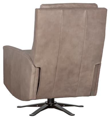 A modern swivel recliner upholstered in taupe-colored leather. The chair features tufted back cushions and seat, with padded armrests. It has distinct wooden accents on the sides of the armrests. The base is a dark-colored, star-shaped swivel mechanism. — 3D model