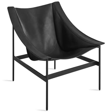 A modern black leather lounge chair with a minimalist metal frame. The chair features a wide, curved backrest and a seat that appears to be made of a single piece of leather suspended by the frame. The frame is constructed from thin, matte black metal rods, forming a rectangular base and extending upwards to support the leather upholstery. The overall design emphasizes clean lines and a sophisticated aesthetic. — 3D model