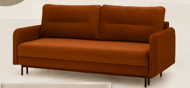 A contemporary two-seater sofa featuring a minimalist design, upholstered in a warm, burnt orange fabric. It has slim track arms, two segmented back cushions, and a single deep seat cushion, suggesting a convertible sofa bed functionality. The sofa is supported by slender black metal legs, elevating its sleek profile. — 3D model