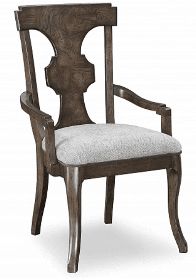 An elegant armchair featuring a dark stained wooden frame and a light grey upholstered seat cushion. The chair's backrest has a distinct, decorative carved design, and its legs are gracefully shaped, resembling a cabriole style in the rear. Integrated wooden armrests provide support. — 3D model