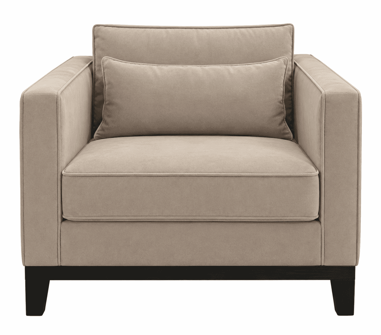 A contemporary upholstered armchair featuring a square silhouette, wide square arms, and a low, dark-finished recessed base. It includes a plush, loose back cushion and an additional rectangular lumbar pillow, both covered in a light beige or taupe fabric with visible piping along the seams. The seat cushion is also loose and well-padded, providing a clean and inviting appearance. — 3D model