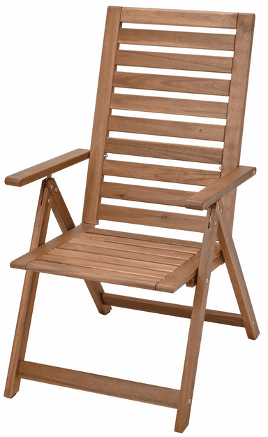 A wooden folding chair with a slatted back and seat, featuring integrated armrests. The chair is designed for portability and storage, evident by its visible hinge mechanisms allowing the frame to collapse. It displays a natural wood finish, suggesting suitability for outdoor or casual indoor settings. — 3D model