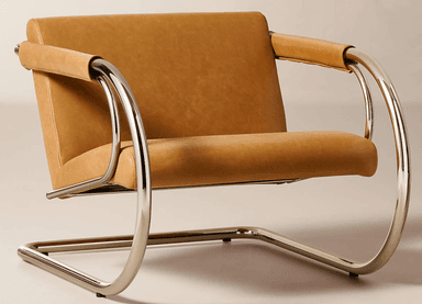 A modernist lounge chair featuring a cantilever tubular chrome frame and camel-colored leather upholstery. The frame forms continuous, polished curves for the base and armrests, which are padded with rolled leather sleeves. It has separate box cushions for the seat and back. — 3D model