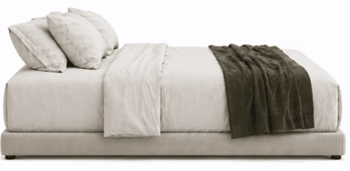 A modern platform bed featuring a low-profile, upholstered frame in a light neutral tone. The bed is topped with a white mattress, white sheets, and two white pillows. A dark olive green throw blanket is draped neatly across the foot of the bed, adding a touch of color contrast. — 3D model