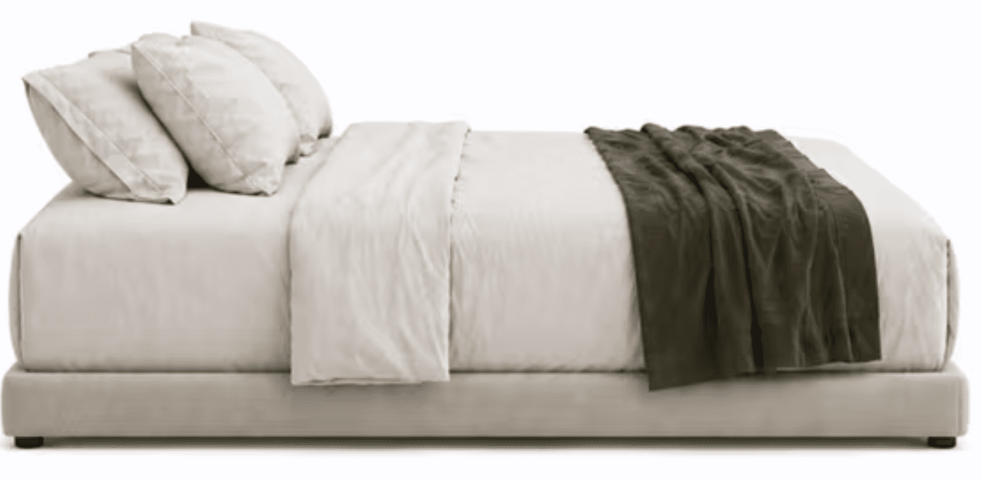 A modern platform bed featuring a low-profile, upholstered frame in a light neutral tone. The bed is topped with a white mattress, white sheets, and two white pillows. A dark olive green throw blanket is draped neatly across the foot of the bed, adding a touch of color contrast. — 3D model