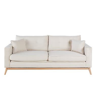 A contemporary two-seater sofa featuring a clean-lined profile, upholstered in a ribbed, cream-colored fabric, and supported by a light-toned wooden frame and tapered legs. It includes two loose seat cushions, two loose back cushions, and two matching accent pillows. — 3D model