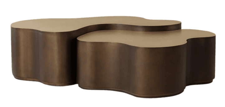 Two low-profile tables with organic, wavy, and asymmetrical forms. One table is slightly taller and larger than the other, suggesting a nesting or multi-level arrangement. Both feature solid, curved bases that match the contour of their tops. The surfaces appear to have a matte, golden brass finish, while the sides and bases are a brushed, darker bronze hue, creating a subtle contrast. The design emphasizes fluidity and contemporary aesthetics. — 3D model
