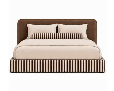 An upholstered platform bed featuring a distinctive design. The headboard has rounded corners, with a dark central panel framed by a brown upholstered border. The bed base is fully upholstered with a striking vertical stripe pattern in alternating beige/cream and dark brown/black. The bed is presented with light beige bedding. — 3D model
