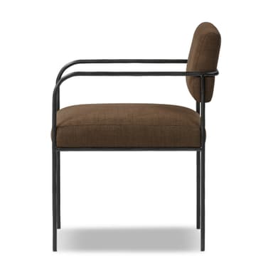 A modern dining armchair featuring a brown upholstered seat and backrest, supported by a sleek black metal frame that extends to form open armrests and legs. The design is minimalist and contemporary. — 3D model