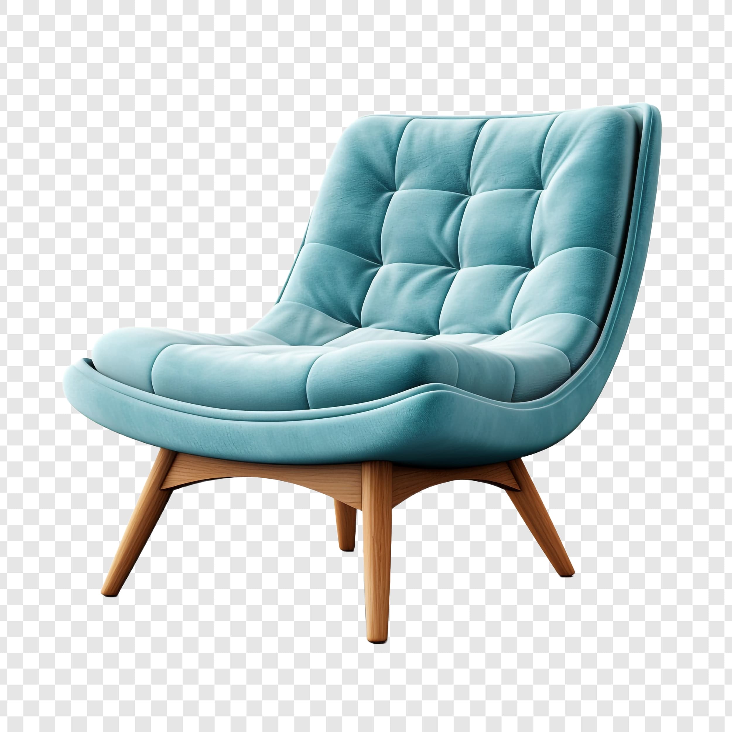 A modern upholstered armchair with a rounded, low-profile design. The seat and back are generously padded and feature tufted detailing in a grid pattern. It is supported by three angled wooden legs. — 3D model