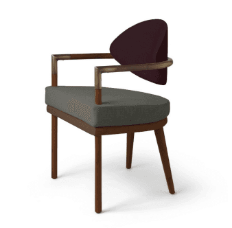 A modern armchair with a sculptural design, featuring a circular, thickly upholstered seat in a grey-green fabric and a crescent-shaped backrest in a deep purple fabric. The dark wood frame includes splayed, tapered legs and curved armrests that integrate the backrest, accented with polished brass fittings. The combination of materials and two-tone upholstery creates a sophisticated and distinctive aesthetic. — 3D model