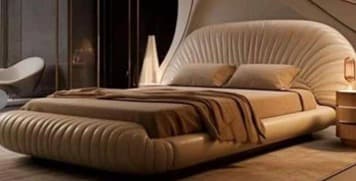 A modern upholstered platform bed featuring a distinctive fluted design on its headboard and footboard, presented with a neutral color palette. The bed includes a mattress and bedding in coordinating beige and taupe tones. — 3D model