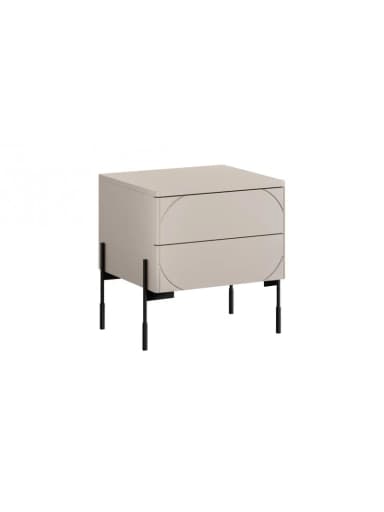 A modern, light-colored nightstand featuring two drawers with integrated semicircular routed details that act as handles. The main body is a beige or greige tone, supported by slender, minimalist black metal legs that form an inverted 'L' shape on each side. — 3D model