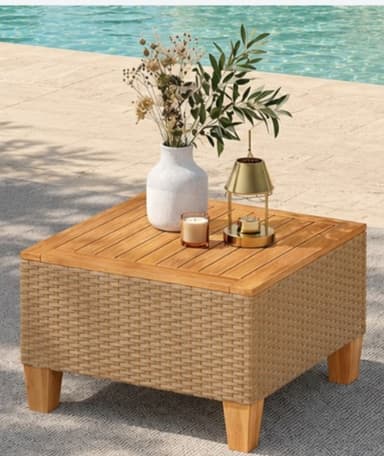 A square side table featuring a slatted wooden top and a woven rattan-style body, supported by four sturdy wooden block legs. — 3D model