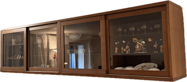 An elongated, low-profile furniture unit featuring a wooden frame and four sliding door panels. The panels exhibit a warm, medium-brown wood grain, with the interior portions currently rendered as solid blue placeholders. The unit is designed with a sleek, minimalist aesthetic, suitable for various storage needs. The sliding mechanism suggests efficient use of space without outward swinging doors. — 3D model