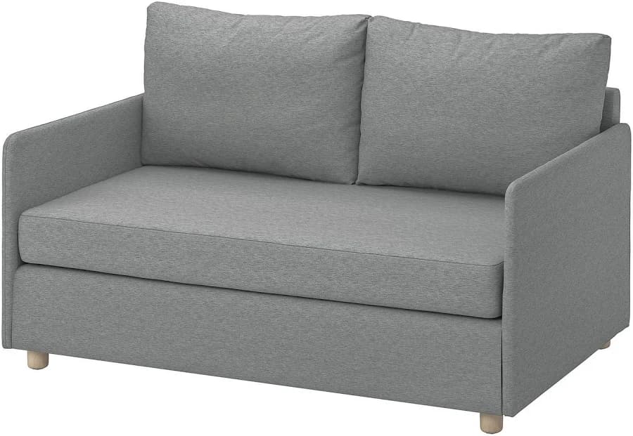 A modern two-seater loveseat upholstered in a medium gray, tightly woven fabric. It features clean lines, track arms, and two large, removable back cushions. The seat cushions are firm and also removable. The frame rests on four short, tapered, light-colored wooden legs. — 3D model