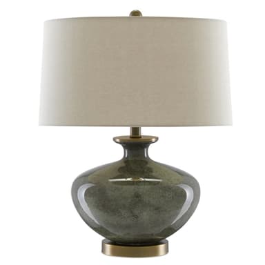 A table lamp featuring a bulbous, glazed ceramic base in a mottled green-gray finish, accented with brass hardware, and topped with a tapered off-white fabric drum shade. — 3D model
