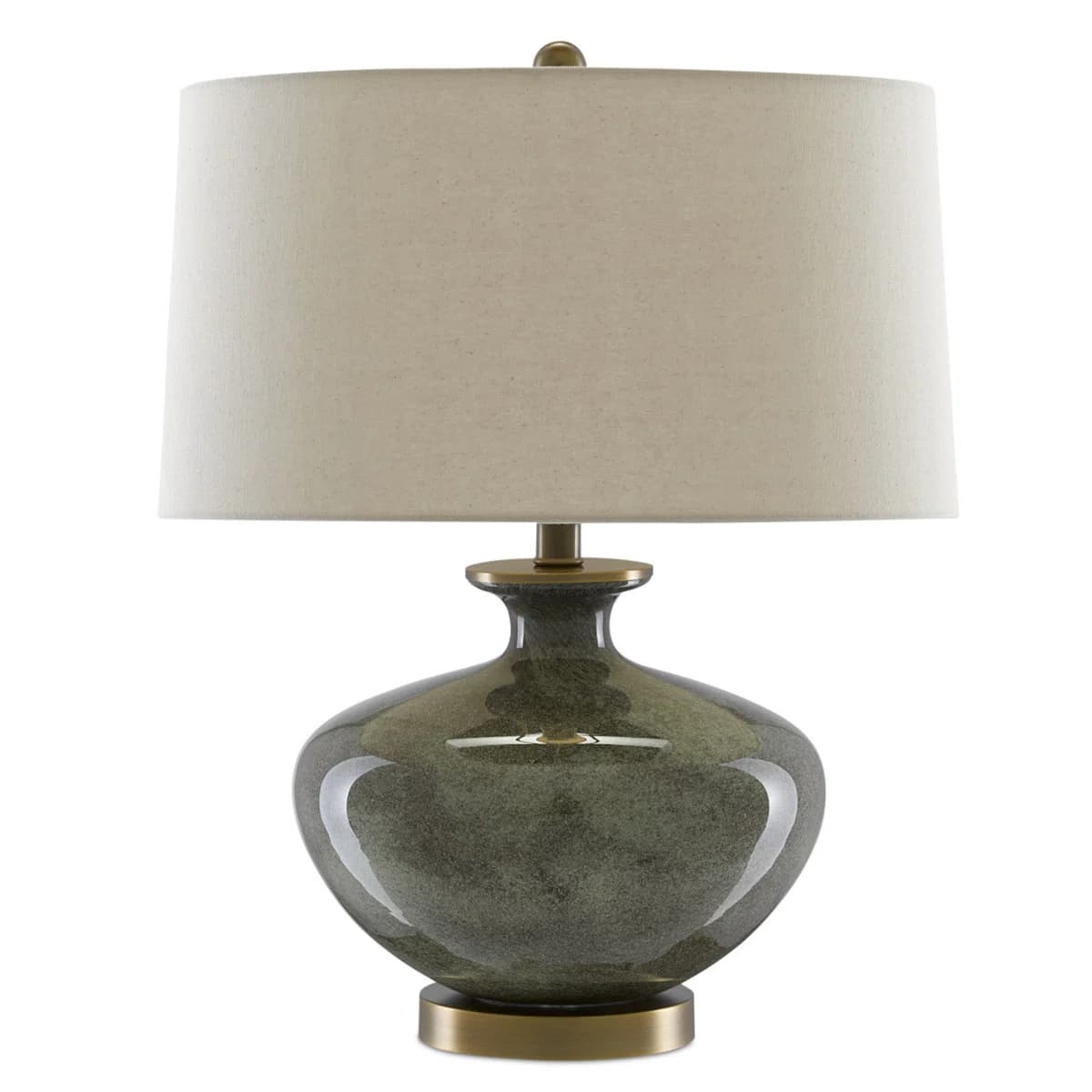 A table lamp featuring a bulbous, glazed ceramic base in a mottled green-gray finish, accented with brass hardware, and topped with a tapered off-white fabric drum shade. — 3D model