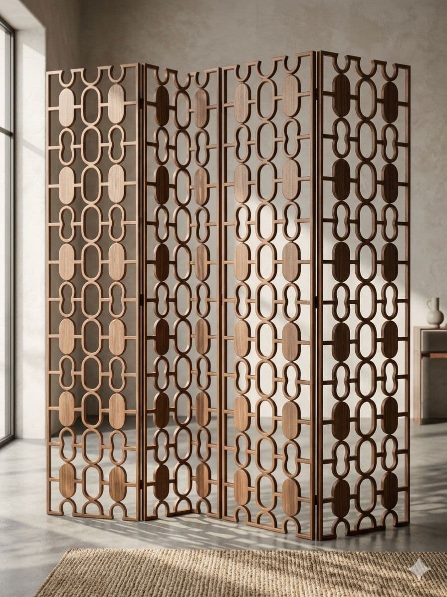 A multi-panel folding screen designed for room division. It features an intricate geometric pattern composed of oval and elongated oval shapes arranged in vertical columns within a rectilinear frame. The screen is constructed from wood, with variations in wood grain and color suggesting the use of different wood types or finishes. It is supported by a visible frame and appears to be free-standing. — 3D model