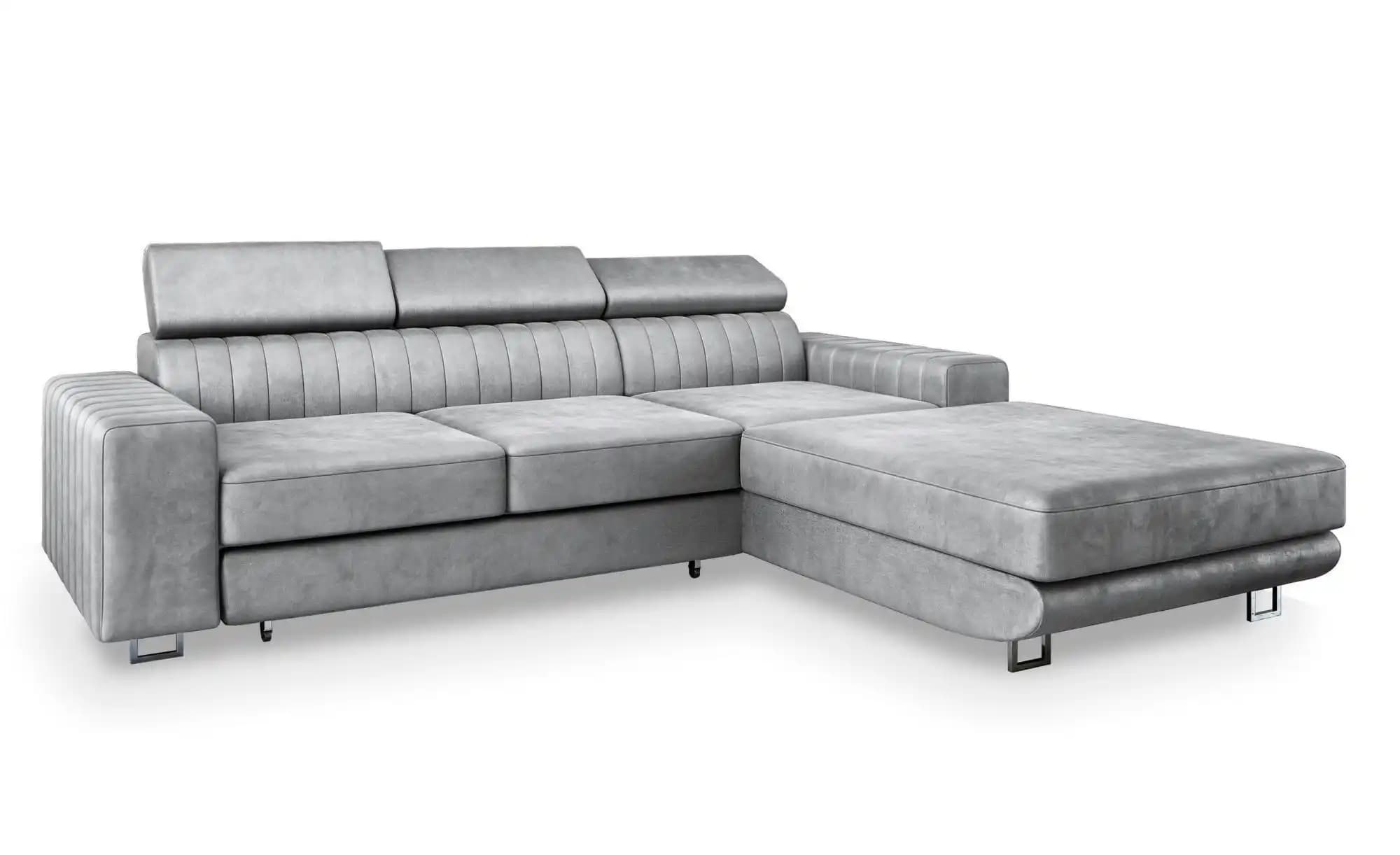 A modern, light grey sectional sofa with a chaise lounge. The sofa features adjustable headrests and a channeled design on the back cushions and armrests. It is supported by low-profile, dark metal legs. — 3D model