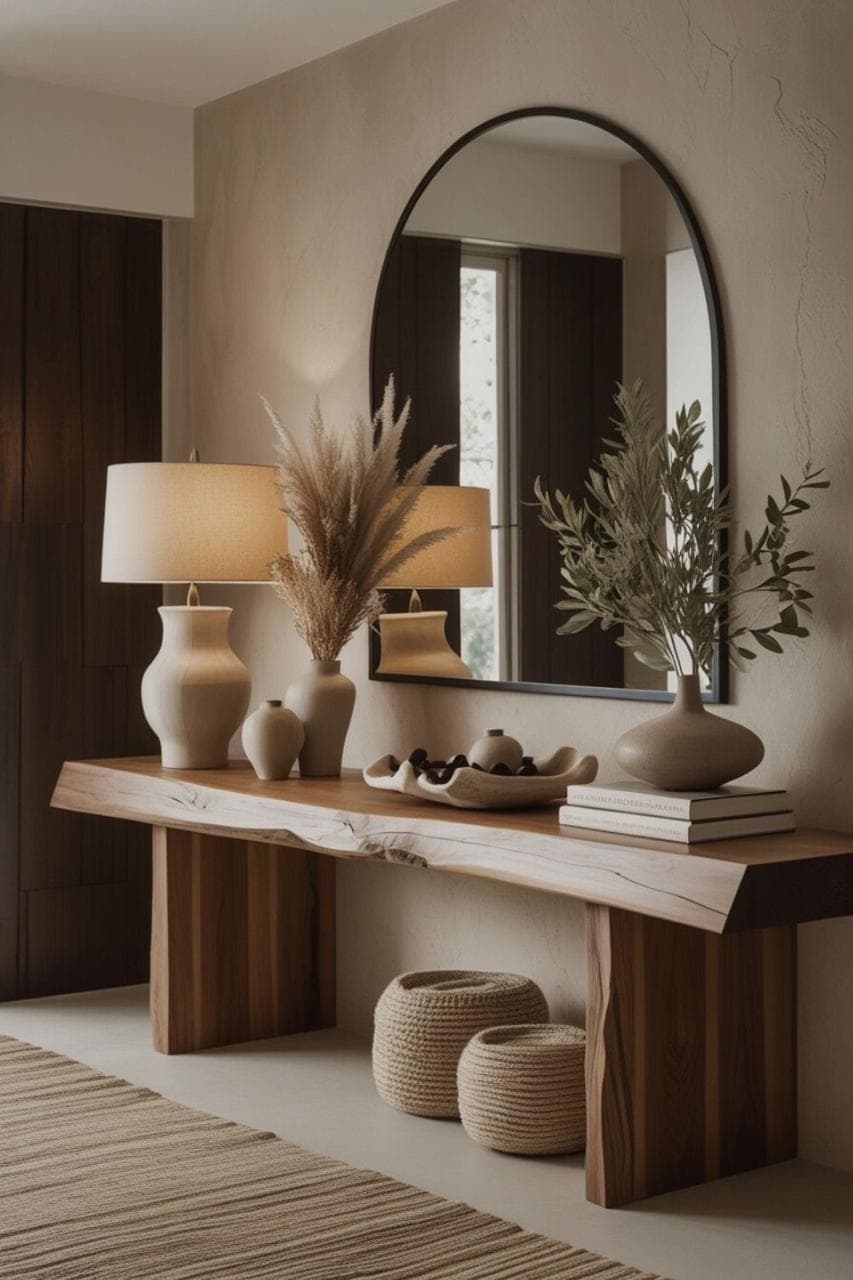 A minimalist bench crafted from solid wood with a distinctive live edge top and robust slab legs, showcasing natural wood grain. — 3D model