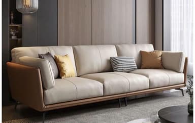 A modern three-seater sofa featuring a two-tone design with light beige/cream main upholstery on the seat and back cushions, contrasted by brown panels on the armrests and lower back. The sofa is supported by slender, dark-finished metal legs and includes several accent throw pillows in varying colors and patterns. — 3D model