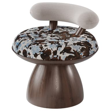 An accent chair with a distinctive, sculpted design. The seat is round and upholstered with a fabric featuring a floral or abstract pattern in shades of blue, brown, and white. The base of the chair is a solid, pedestal-like structure with a dark wood grain finish. A curved, cushioned backrest in a light grey, textured fabric extends upwards from the back of the seat, supported by dark brown cylindrical posts. — 3D model