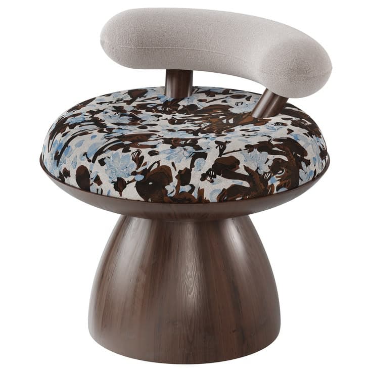 An accent chair with a distinctive, sculpted design. The seat is round and upholstered with a fabric featuring a floral or abstract pattern in shades of blue, brown, and white. The base of the chair is a solid, pedestal-like structure with a dark wood grain finish. A curved, cushioned backrest in a light grey, textured fabric extends upwards from the back of the seat, supported by dark brown cylindrical posts. — 3D model