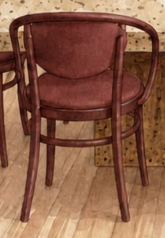A dark brown bentwood armchair with a curved frame and an upholstered seat and backrest, exhibiting a classic cafe style. — 3D model