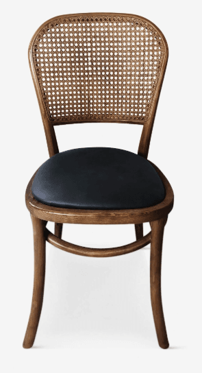 A classic bentwood chair featuring a dark-stained wooden frame, a cane mesh backrest, and an upholstered dark fabric seat. — 3D model