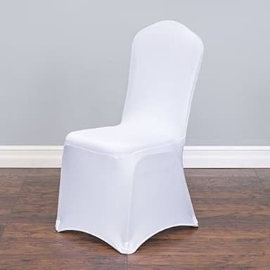 A white stretch chair slipcover entirely covering a dining chair, presenting a sleek and uniform appearance. The slipcover conforms to the chair's shape, highlighting its slightly curved backrest and defined seat area, with the fabric extending to the floor to conceal the chair's legs. — 3D model