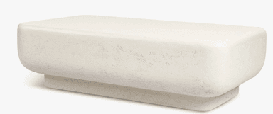 A contemporary rectangular coffee table crafted from a light-colored, textured stone-like material, featuring a low-profile design with softly rounded edges and a recessed plinth base. — 3D model