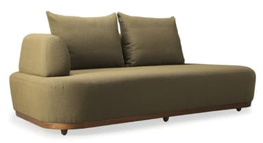 An upholstered sofa featuring a muted olive green, textured fabric, a distinctive tapered backrest, and an exposed wooden base with small, rounded feet. It includes two loose back cushions. — 3D model