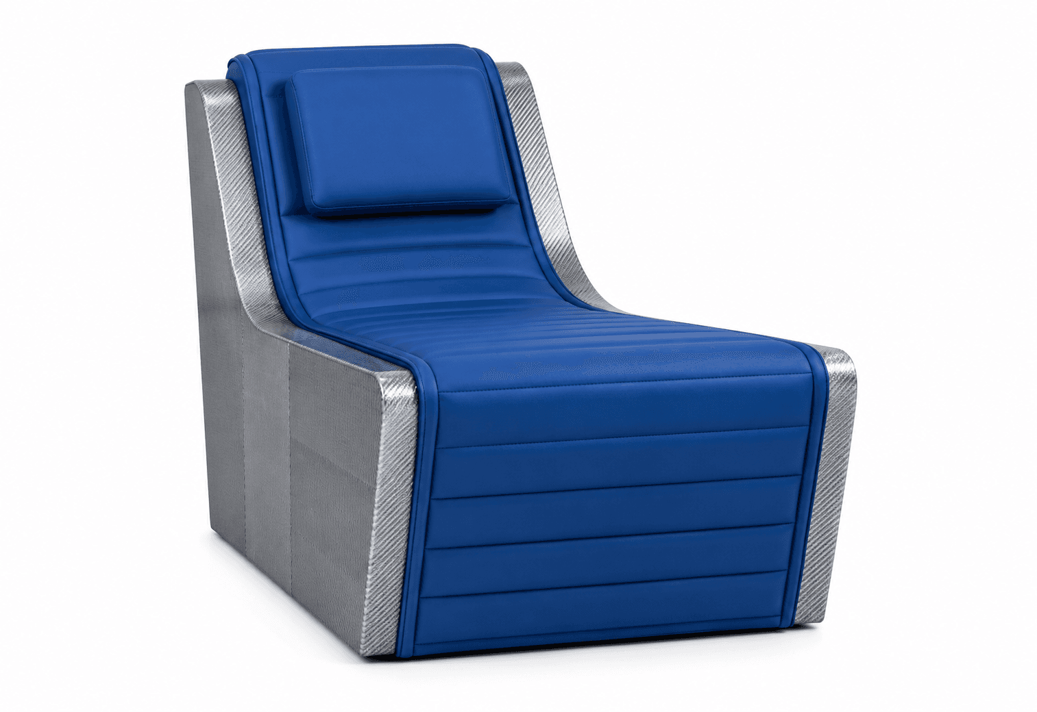 A contemporary chaise lounge featuring a sleek, monolithic design with bright blue faux leather upholstery and carbon fiber patterned side panels. The seating surface is horizontally channel-tufted, and it includes a removable, matching headrest cushion. The form flows continuously from the base, up the back, and along the extended seat, offering a reclined posture. — 3D model