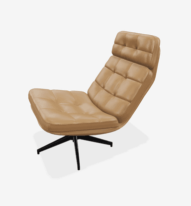 A contemporary lounge chair with a low profile and a reclined backrest. The chair features a tufted upholstery pattern across the seat and back. It is supported by a central pedestal base with four splayed legs, finished in black. The overall design suggests a modern aesthetic. — 3D model