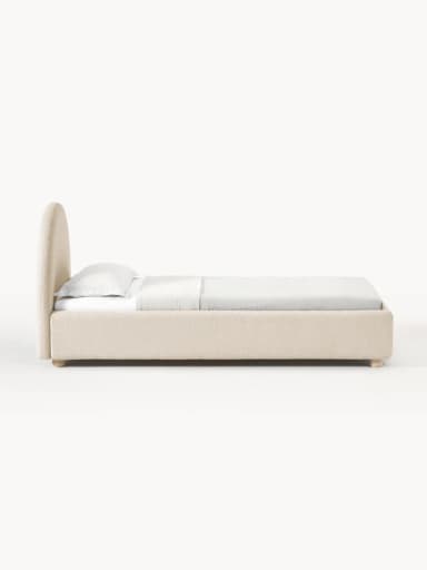 A contemporary single bed featuring an upholstered frame in a light neutral fabric, complemented by a distinctive rounded headboard. The bed includes a mattress with white bedding and a light grey duvet or blanket. It stands on four short, light-colored wooden feet, presenting a clean and minimalist aesthetic suitable for modern interiors. — 3D model