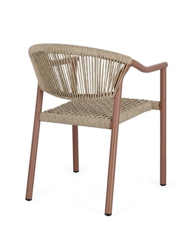 This is a contemporary armchair featuring a powder-coated metal frame and woven rope seat and backrest. The frame is a reddish-brown (terracotta) color, while the woven elements are a natural beige. The backrest consists of vertical rope strands, and the seat is tightly woven in a grid pattern. It has sturdy cylindrical legs and integrated armrests. — 3D model
