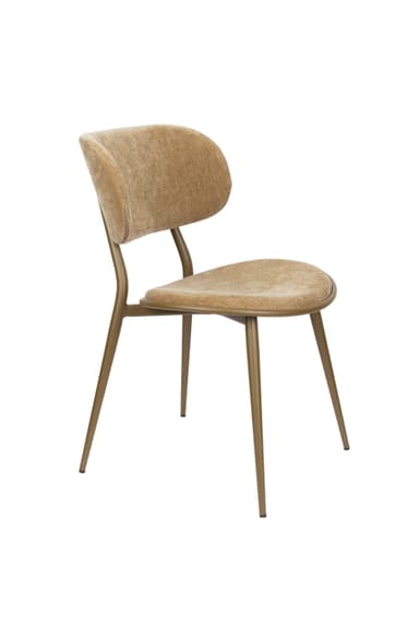 A dining chair with a curved backrest and a seat upholstered in textured fabric. The chair features slim, tapered legs and a supporting frame made of metal. — 3D model