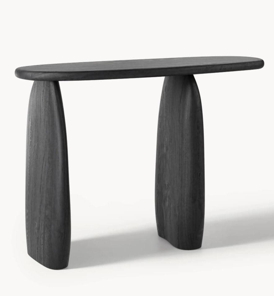 A console table with an organically shaped, elongated oval top supported by two substantial, curved legs that taper towards the base. The design is minimalist and sculptural, with a focus on the wood grain and form. — 3D model