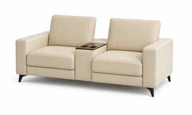 A two-seater loveseat with upholstered cushions and armrests. It features a built-in dark wood console between the seats, equipped with two cup holders. The frame is supported by four angled, dark-colored legs. — 3D model
