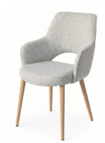A modern upholstered chair with a light grey, textured fabric covering. It features a gently curved backrest that flows into integrated armrests, and is supported by four slender, light-toned wooden legs that taper outwards. The design is clean and minimalist. — 3D model
