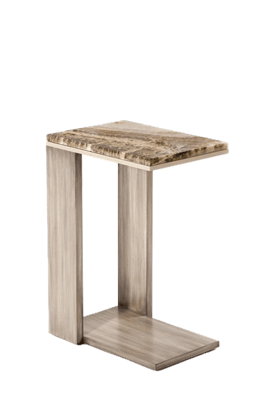 A modern C-shaped accent table featuring a rectangular natural stone top with visible veining, supported by a metallic frame finished in a muted, brushed tone. The C-shape allows the base to slide under a sofa or chair, positioning the top over a lap. — 3D model