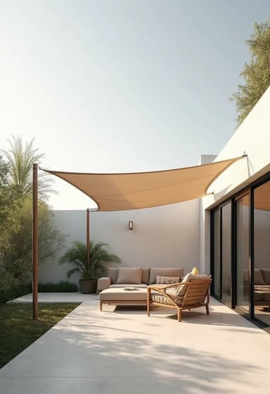 A modern outdoor furniture set featuring a modular three-seater sofa, a single armchair, and two square side tables, all with light-toned wooden frames and beige upholstered cushions. — 3D model