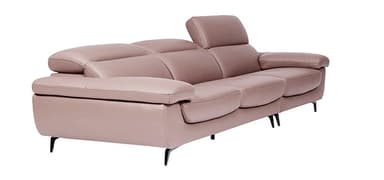 A contemporary three-seater sofa upholstered in a light mauve or pinkish-beige leather or faux leather. It features three distinct seat cushions and three backrests, with the rightmost backrest (from the viewer's perspective) showing an adjustable headrest in an upright position. The armrests are wide, curved, and plush. The sofa is supported by low-profile legs, with the outer legs being angular chrome-finished and the interior legs appearing as cylindrical black supports. — 3D model