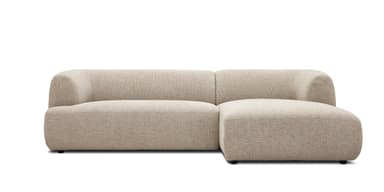 A contemporary sectional sofa upholstered in a light beige, subtly textured woven fabric. It features a two-seat section joined with a left-hand chaise lounge. The design is characterized by soft, rounded edges on the armrests, backrests, and seat cushions, creating a plush and inviting appearance. The sofa sits low to the ground on small, discreet black feet. — 3D model