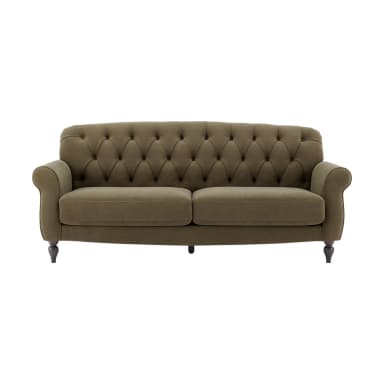 A classic tufted sofa with rolled arms and a supportive backrest. The upholstery features a diamond tufting pattern, with buttons strategically placed to create indentations in the fabric. It has a two-cushion seat and a slightly curved back. The sofa rests on four short, dark, turned legs. — 3D model